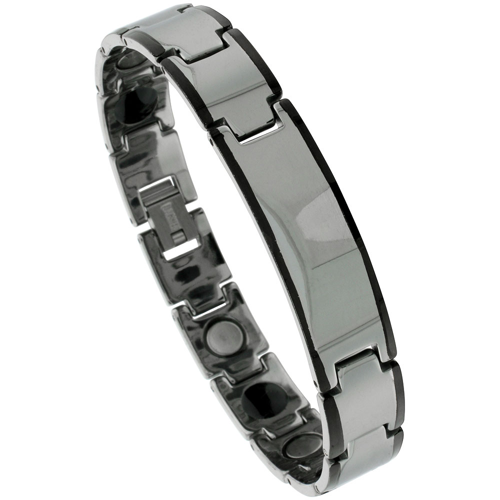 Tungsten Carbide ID Germanium Magnetic Bracelet for Men Black Edge Bar Links 1/2 inch wide