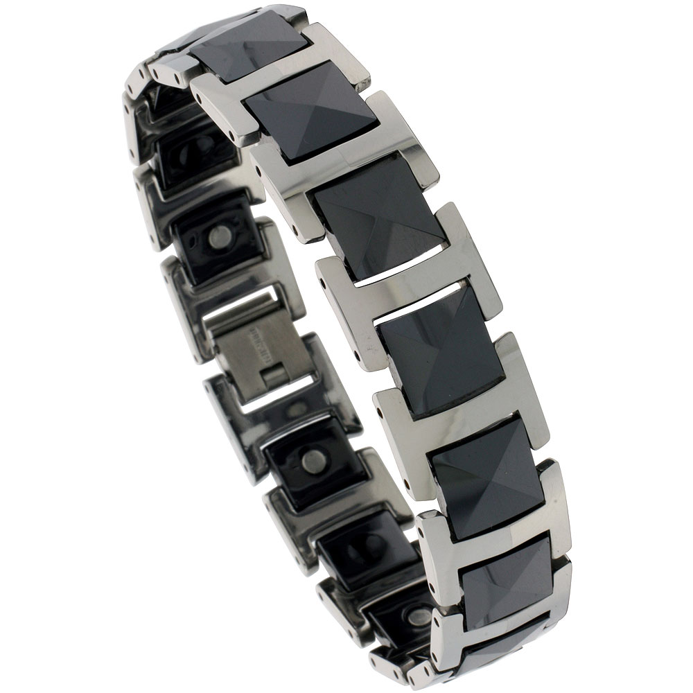 Tungsten Carbide & Ceramic Germanium Magnetic Bracelet for Men 2-Tone Black Faceted Links 7/16 inch wide