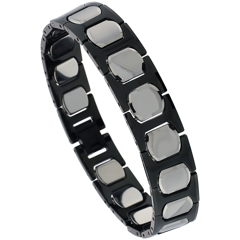 Tungsten Carbide & Ceramic Germanium Magnetic Bracelet for Men 2-Tone Gun Metal & Black colors 1/2 inch wide