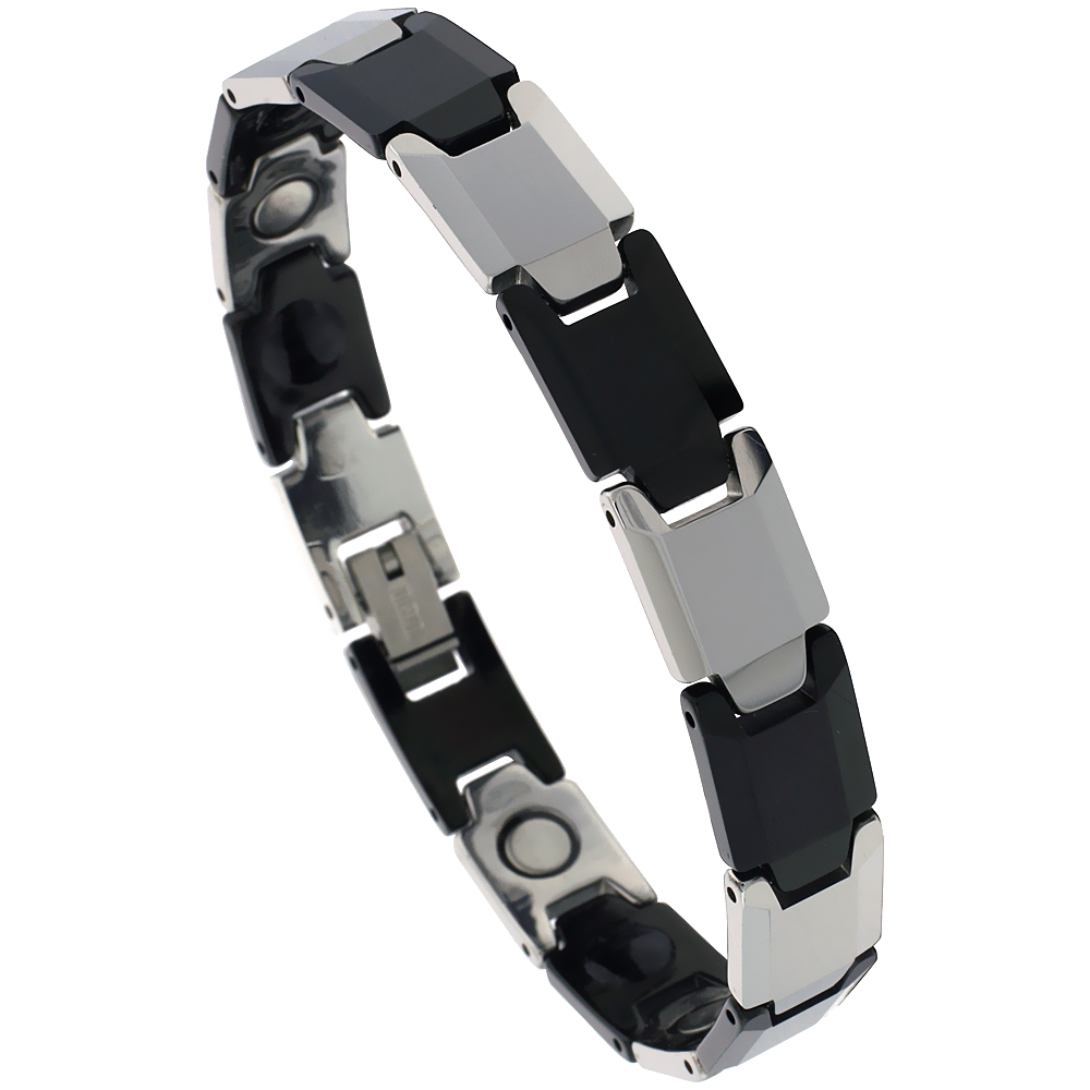 Tungsten Carbide & Ceramic Germanium Magnetic Bracelet for Men 2-Tone Gun Metal & Black Bar Links 3/8 inch wide