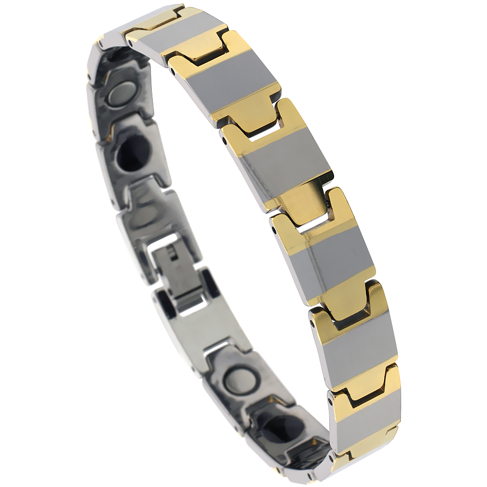 Tungsten Carbide & Ceramic Germanium Magnetic Bracelet for Men 2-Tone Gun Metal & Gold Bar Links 3/8 inch wide