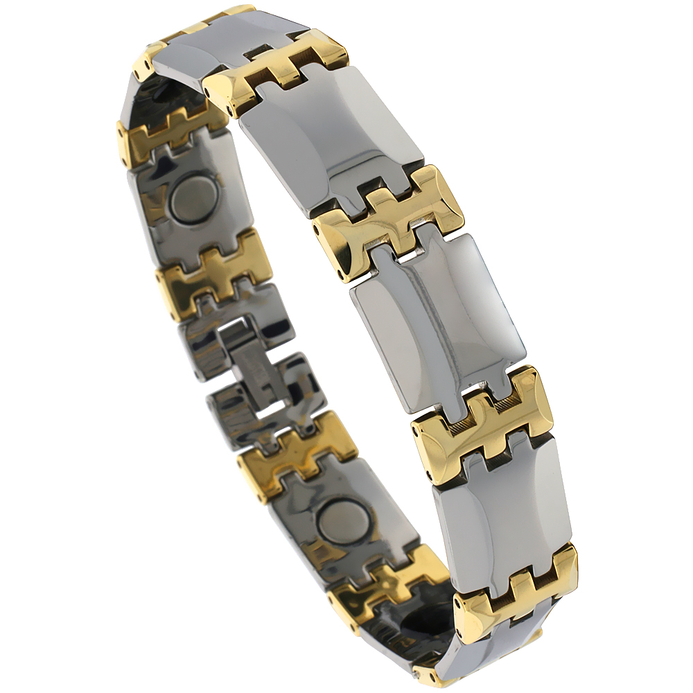 Tungsten Germanium Magnetic Bracelet for Men 2-Tone Gun Metal & Gold Bar Links 1/2 inch wide