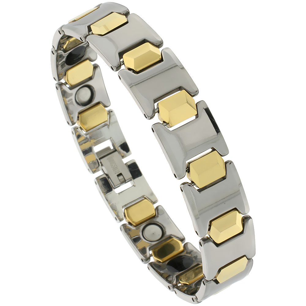 Tungsten Carbide Germanium Magnetic Bracelet for Men 2-Tone Gun Metal & Gold Bar Links 1/2 inch wide