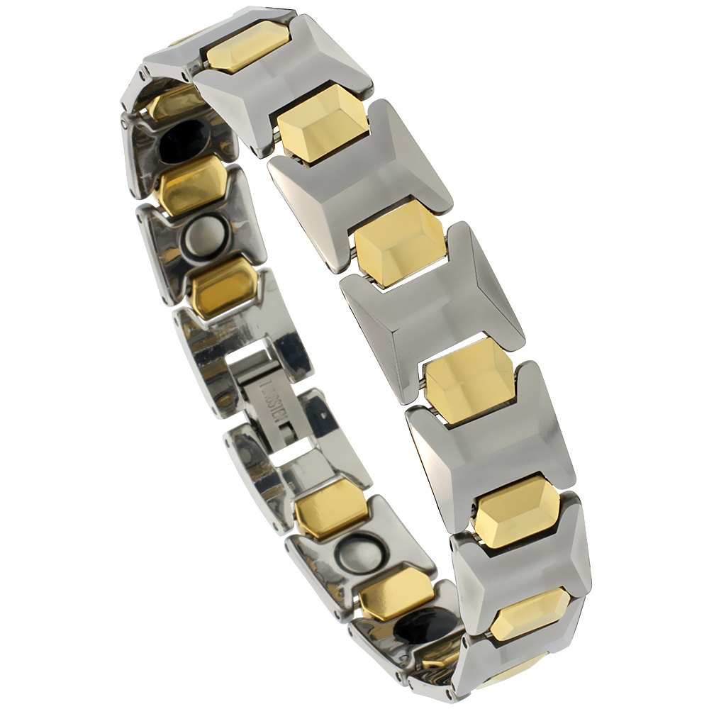 Tungsten Carbide Germanium Magnetic Bracelet for Men 2-Tone Gun Metal & Gold Faceted Bar Links 1/2 inch wide