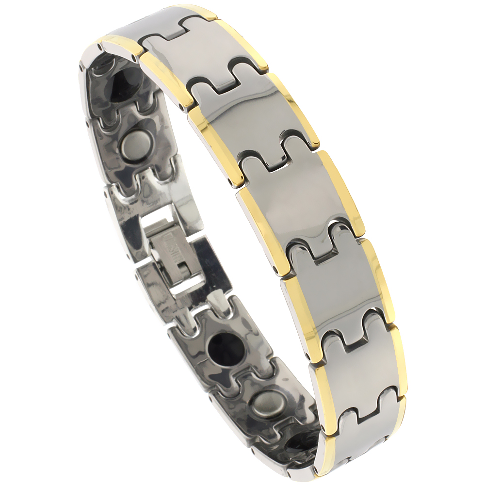 Tungsten Carbide Germanium Magnetic Bracelet for Men 2-Tone Gun Metal & Gold Bar Links 1/2 inch (12.5 mm) wide
