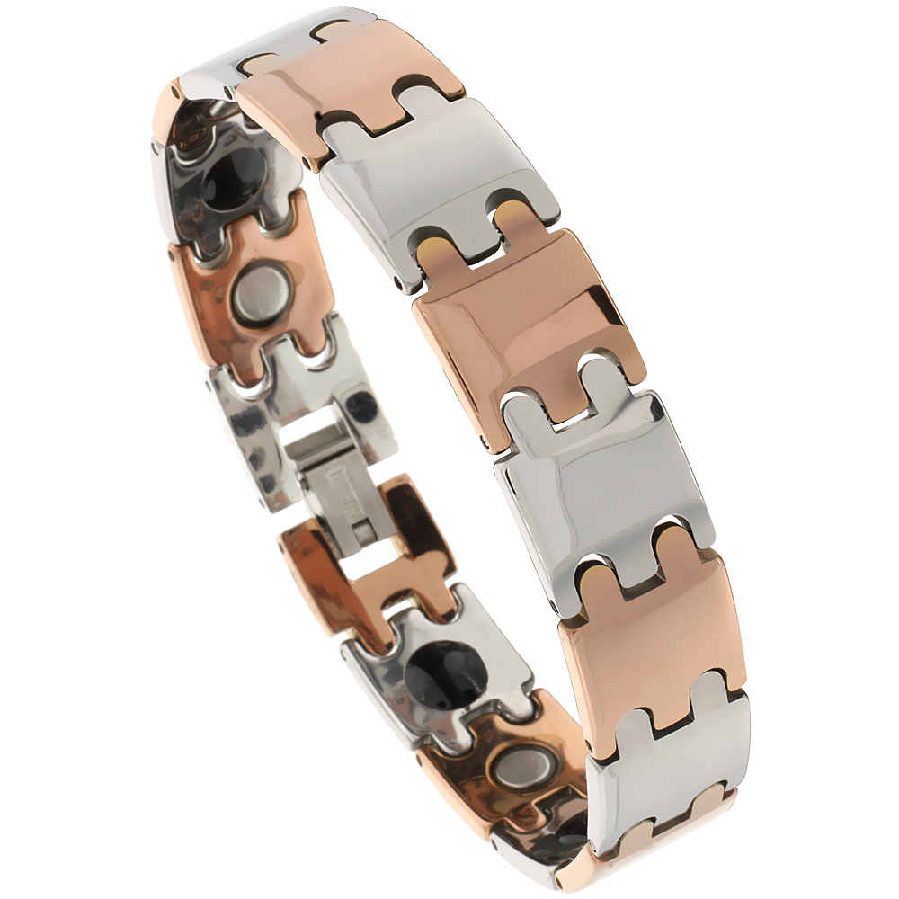 Tungsten Carbide Germanium Magnetic Bracelet for Men 2-Tone Gun Metal & Rose Gold Bar Links 1/2 inch wide
