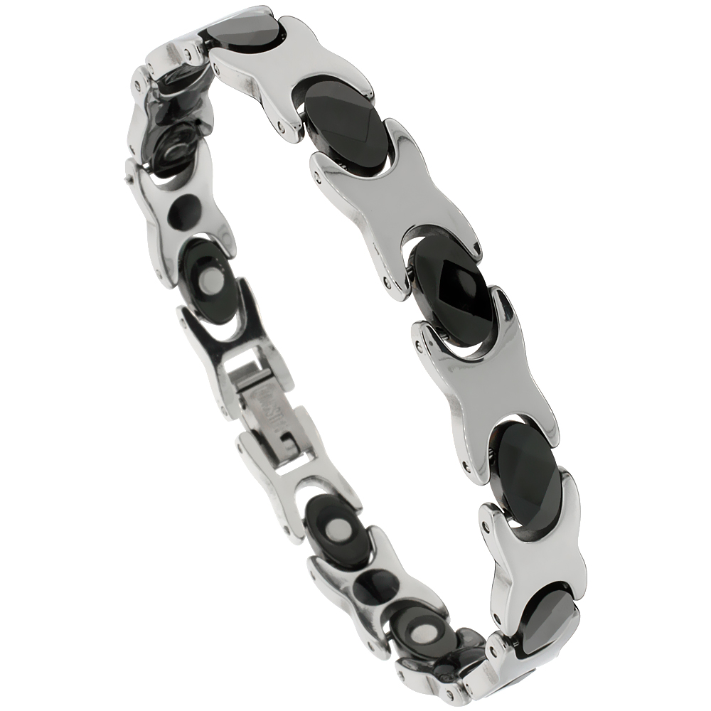 Tungsten Carbide Germanium Magnetic Bracelet for Men 2-Tone Gun Metal & Black Hugs & Kisses XOXO Links 5/16 inch wide