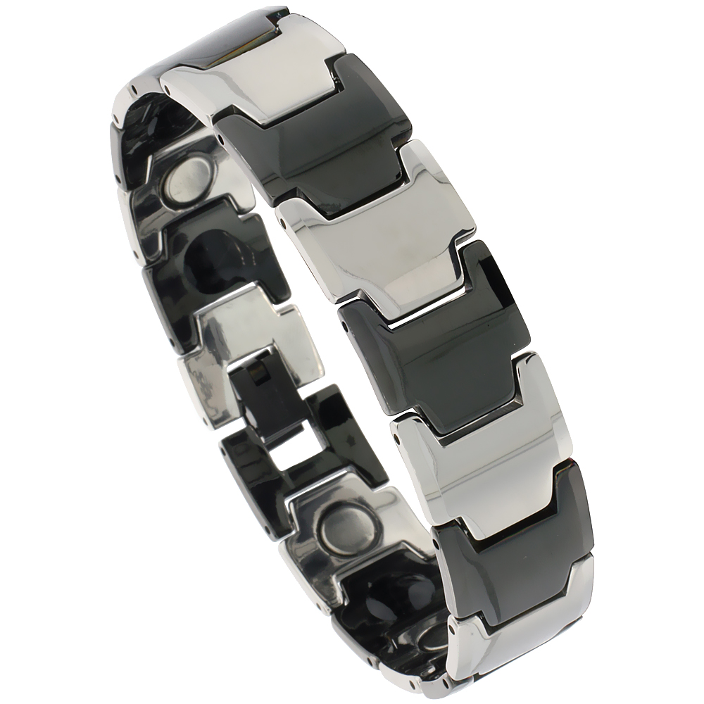 Tungsten Carbide Germanium Magnetic Bracelet for Men 2-Tone Black Bar Links 5/8 inch wide