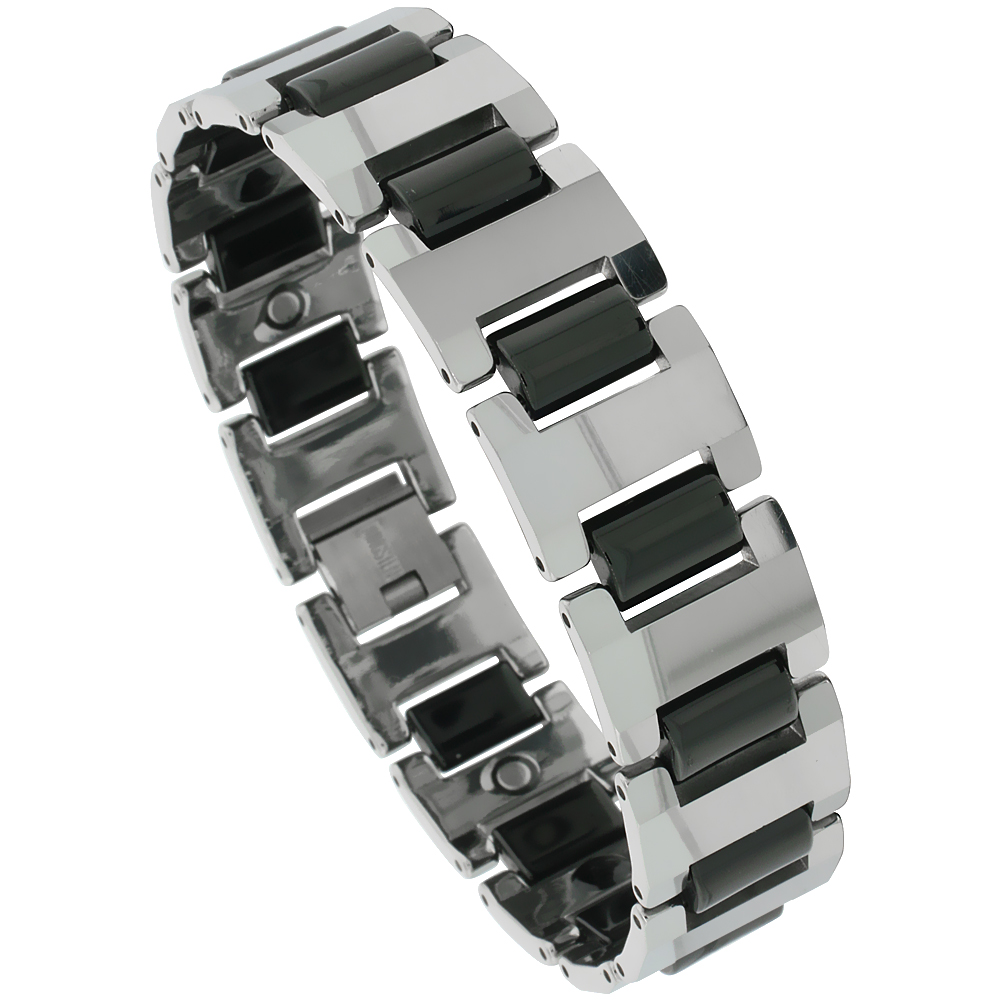 Tungsten Carbide Germanium Magnetic Bracelet for Men 2-Tone Gun Metal & Black Bar Links 5/8 inch (16 mm) wide