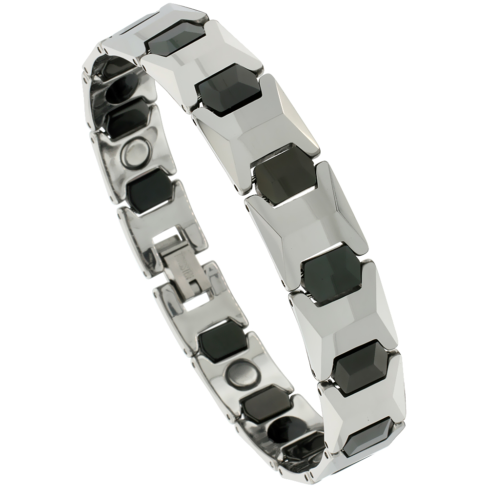 Tungsten Carbide Germanium Magnetic Bracelet for Men 2-Tone Gun Metal & Black Faceted Cushion Links 1/2 inch wide