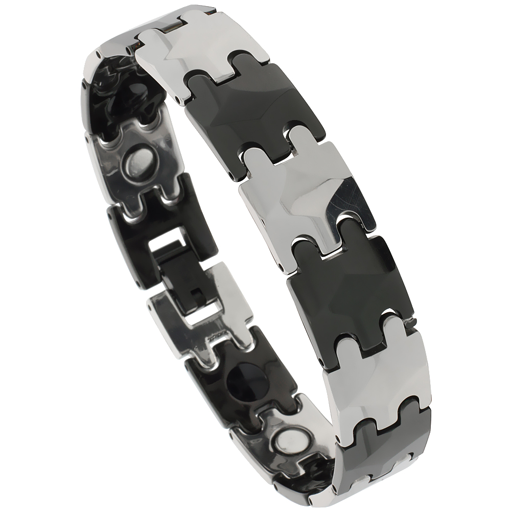 Tungsten Carbide Germanium Magnetic Bracelet for Men 2-Tone Gun Metal & Black Bar Links 1/2 inch wide