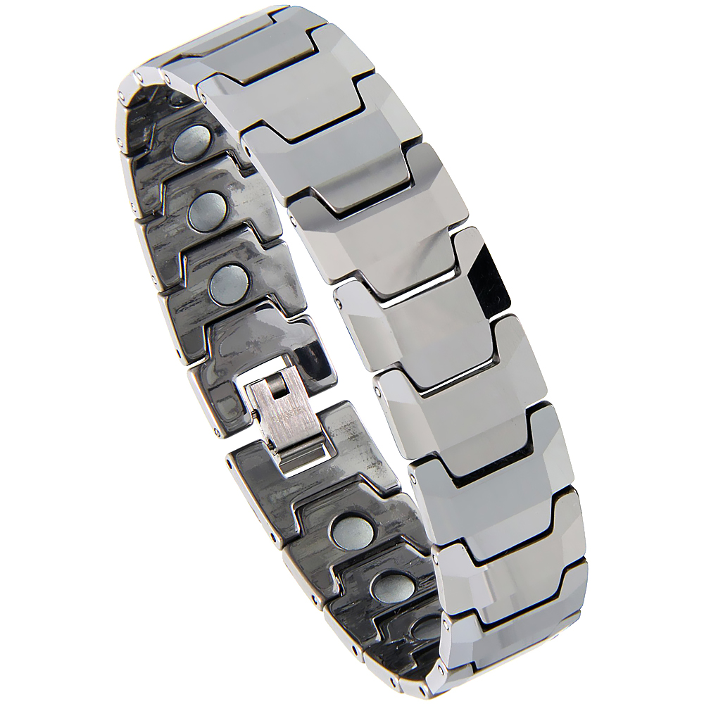 Tungsten Carbide Germanium Magnetic Bracelet for Men Faceted Bar Links 5/8 inch (14.5 mm) wide
