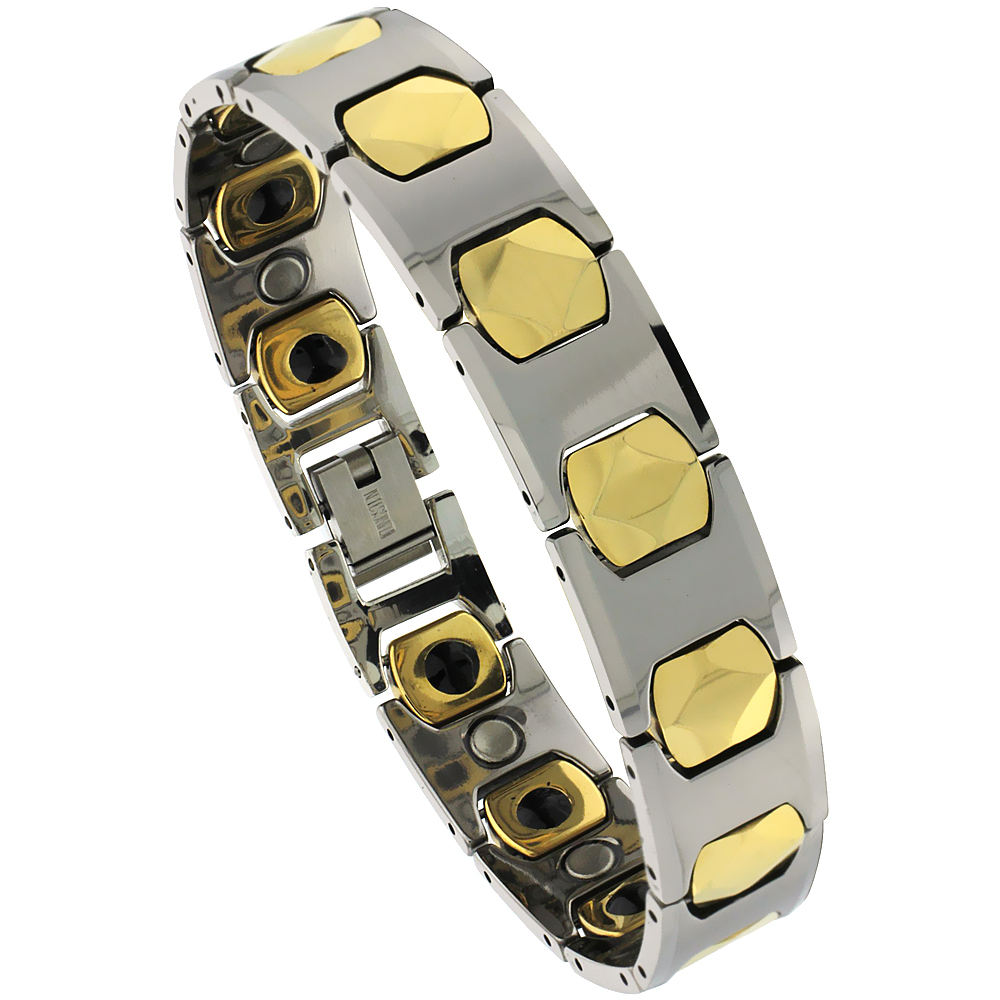 Tungsten Carbide Germanium Magnetic Bracelet for Men 2-Tone Gun Metal & Gold colors 1/2 inch wide