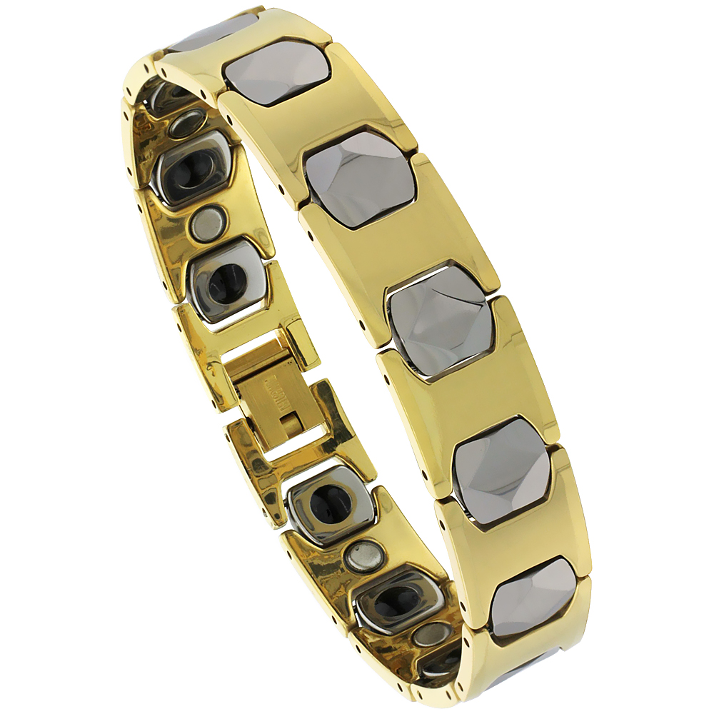 Tungsten Carbide Germanium Magnetic Bracelet for Men 2-Tone Gun Metal & Gold colors 1/2 inch wide