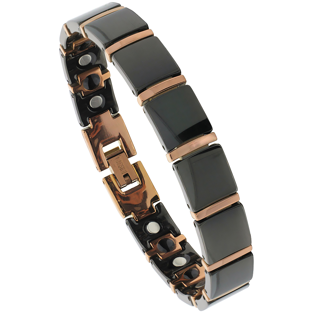 Tungsten Carbide Germanium Magnetic Bracelet for Men 2-Tone Rose Gold & Black Bar Links 1/2 inch wide