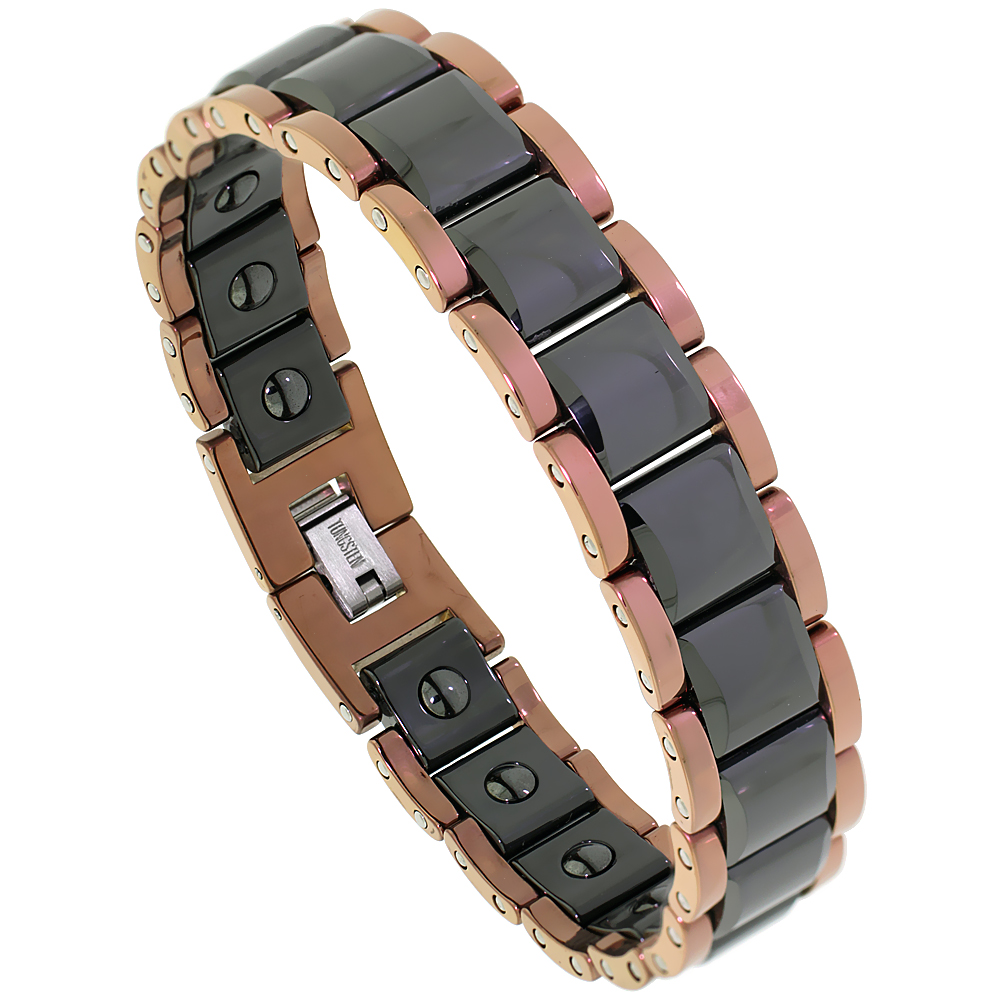 Tungsten Carbide Germanium Magnetic Bracelet for Men 2-Tone Rose Gold & Black Faceted Square Links 9/16 inch wide