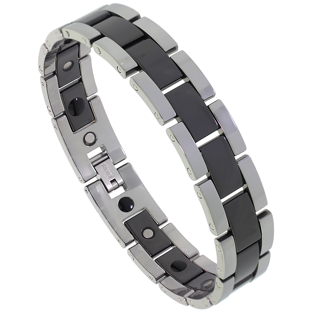Tungsten Carbide Germanium Magnetic Bracelet for Men 2-Tone Gun Metal & Black Bar Links 9/16 inch wide
