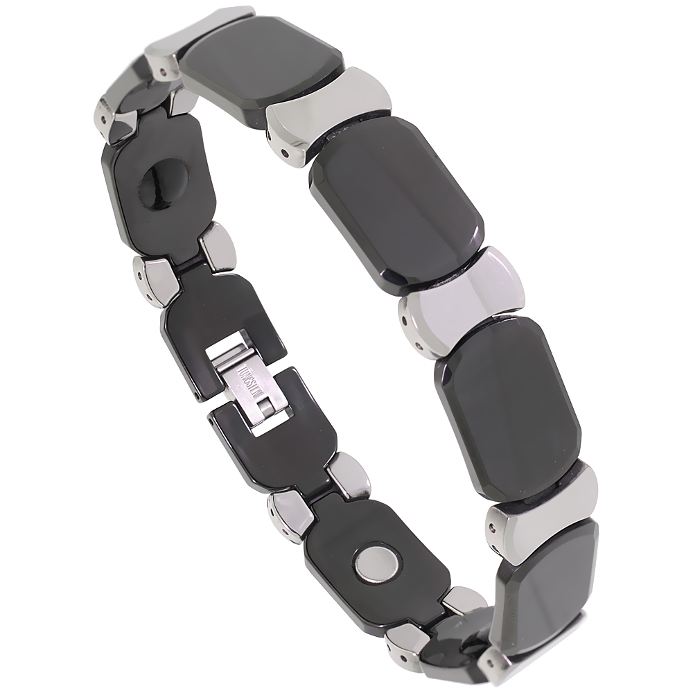 Tungsten Carbide Germanium Magnetic Bracelet for Men 2-Tone Gun Metal & Black Faceted Bar Links 9/16 inch wide