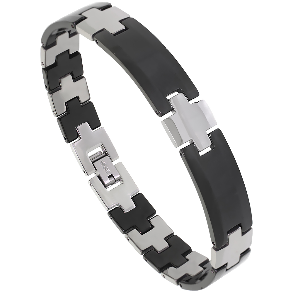 Tungsten Carbide Germanium Magnetic Bracelet for Men Magnet Therapy 2-Tone Gun Metal & Black Bar Links 7/16 inch wide