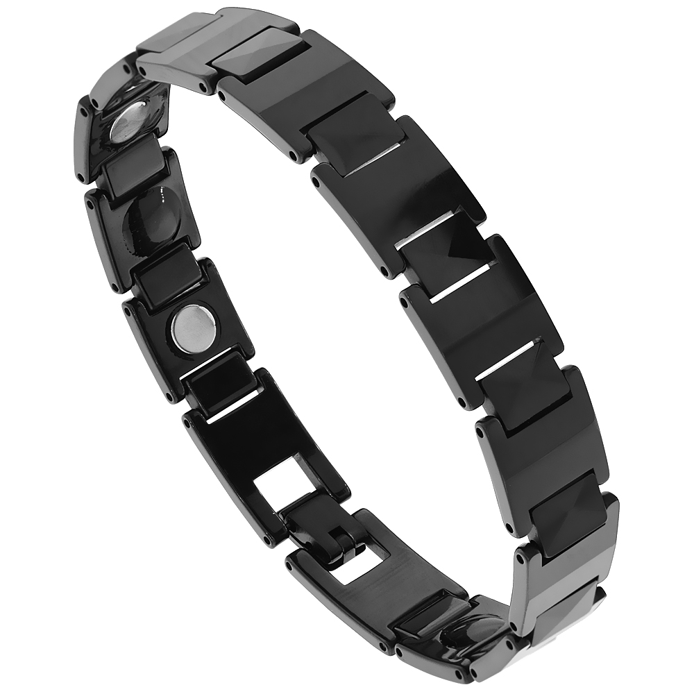 Tungsten Carbide Black Germanium Magnetic Bracelet for Men Faceted Hexagon Links 1/2 inch wide