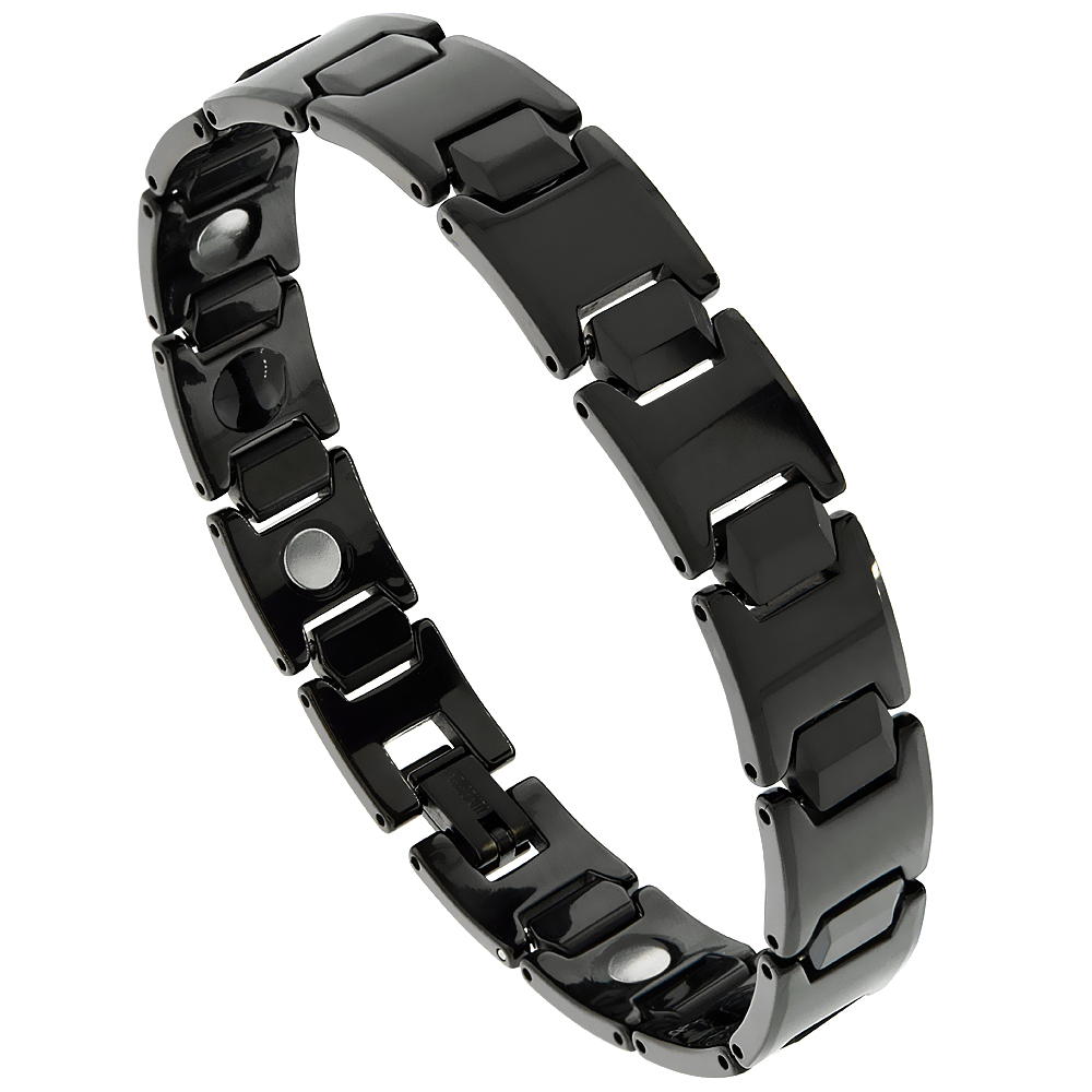 Tungsten Carbide Black Germanium Magnetic Bracelet for Men Faceted Hexagon Links 1/2 inch wide