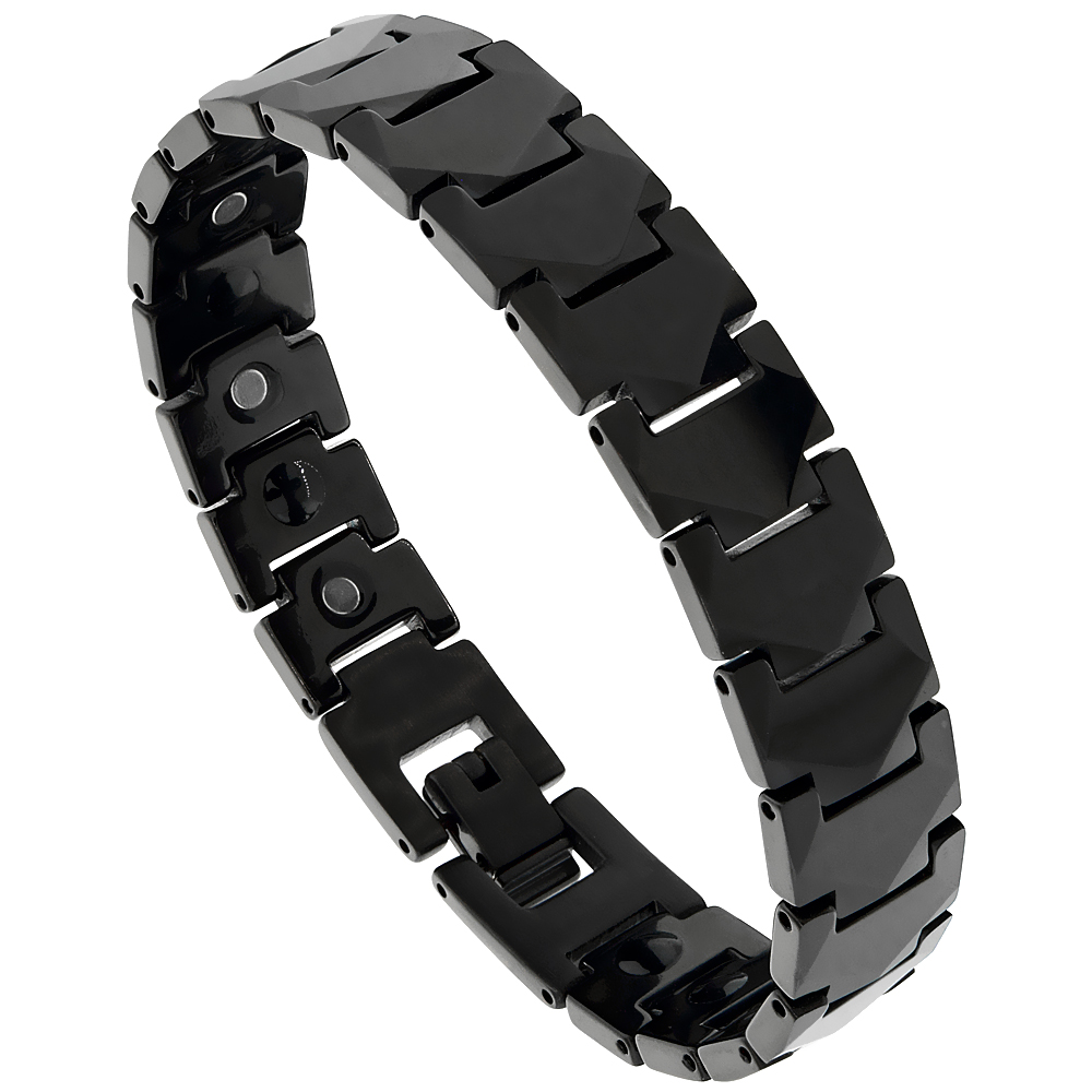 Tungsten Carbide Black Germanium Magnetic Bracelet for Men Faceted Hexagon Links 7/16 inch wide 7.75 8 inches long