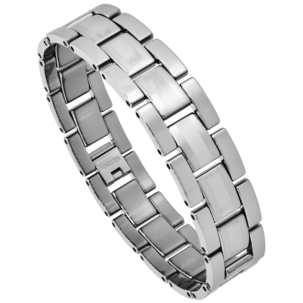 Tungsten Germanium Magnetic Bracelet for Men Polished and Brushed-Satin Stripe Center 5/8 inch wide