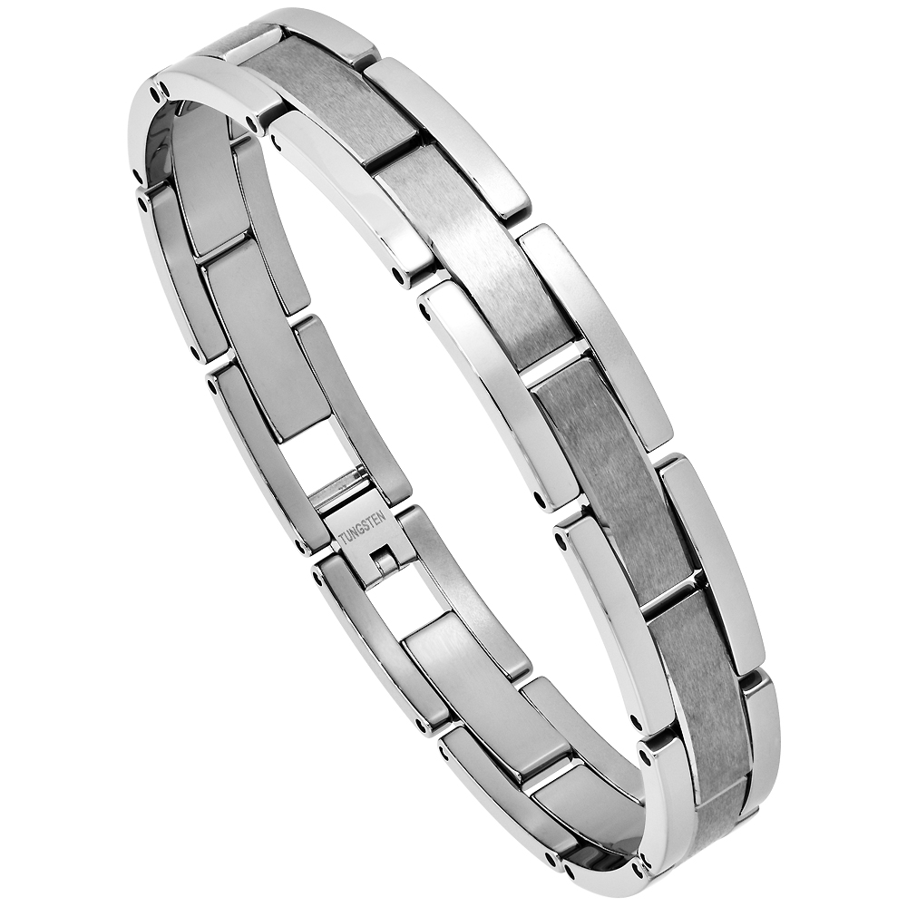 Tungsten Germanium Magnetic Bracelet for Men Polished Gunmetal Stripe Center Links 1/2 inch wide