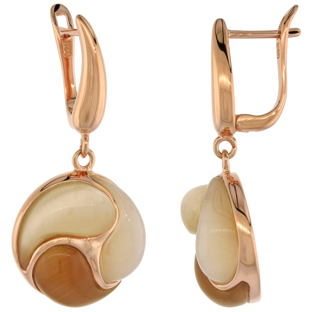 Sterling Silver Synthetic Champagne Cats Eye Round Rose Gold Plated Dangle Earrings 1 7/16 inch long