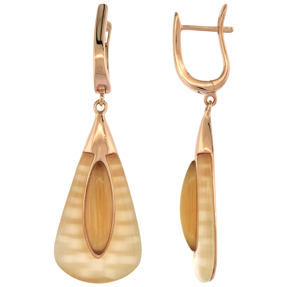 Sterling Silver Synthetic Champagne Cats Eye Triangle Rose Gold Plated Lever Back Earrings, 2 inch long