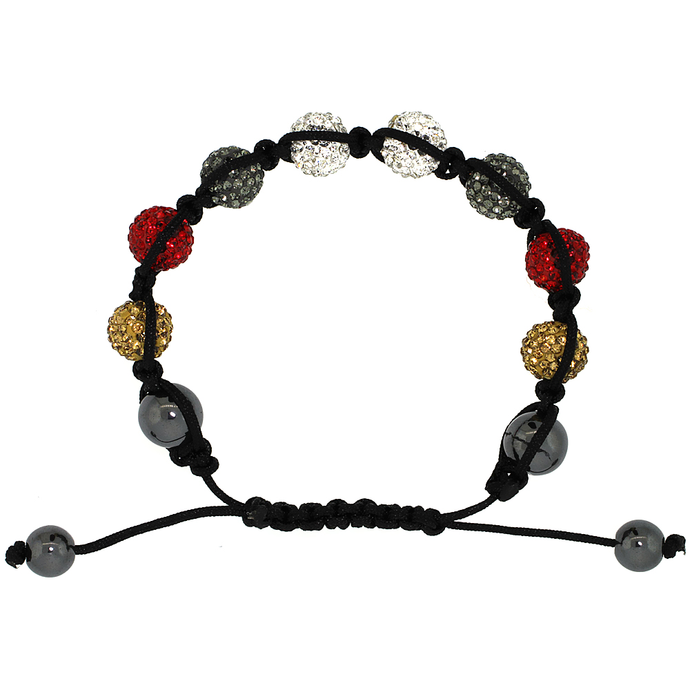 Multi Color Crystal Disco Ball Adjustable Unisex Macrame Bead Bracelet w/ Hematite Beads, 3/8 in. (10 mm) wide