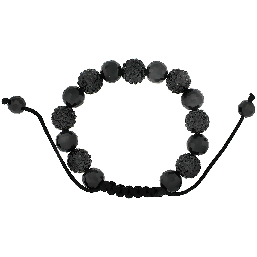 Black Crystal Disco Ball Adjustable Unisex Macrame Bead Bracelet w/ Hematite Beads, 3/8 in. (10 mm) wide