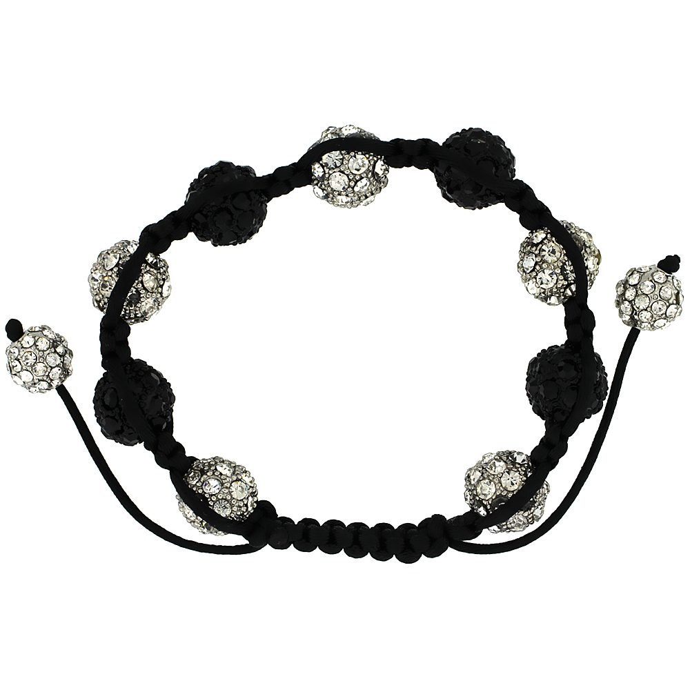 White & Black Crystal Disco Ball Adjustable Unisex Macrame Bead Bracelet 1/2 in. (12.5 mm) wide