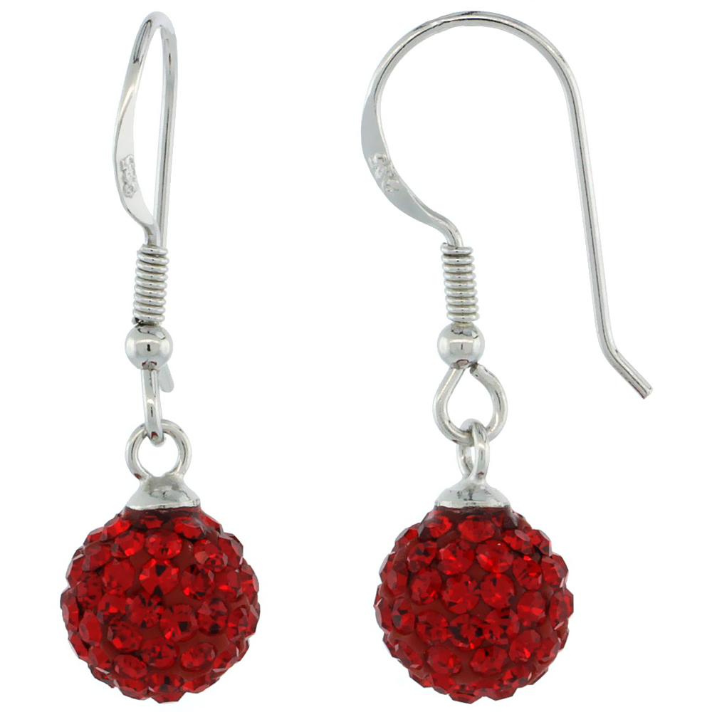 Sterling Silver 8mm Round Red Disco Crystal Ball Fish Hook Earrings for Women July Birthstone 1 in. 26 mm tall