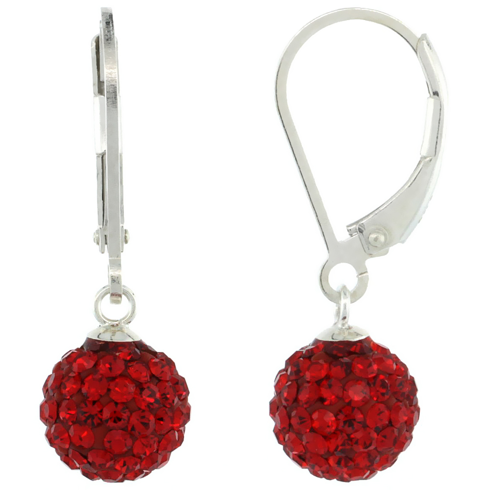 Sterling Silver 8mm Round Red Disco Crystal Ball Lever Back Earrings for Women July Birthstone 1 in. 26 mm tall
