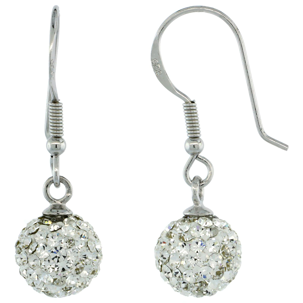Sterling Silver 8mm Round White Disco Crystal Ball Fish Hook Earrings for Women April Birthstone 1 in. 26 mm tall