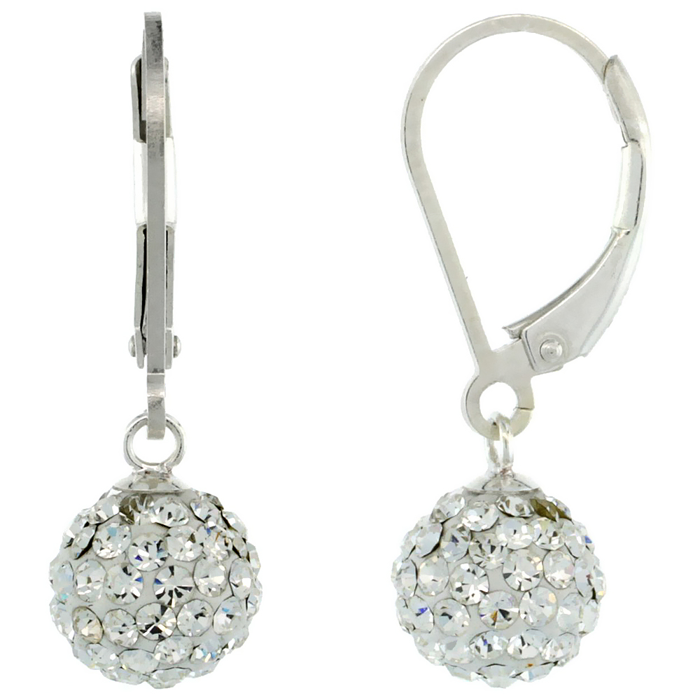 Sterling Silver 8mm Round White Disco Crystal Ball Lever Back Earrings for Women April Birthstone 1 in. 26 mm tall