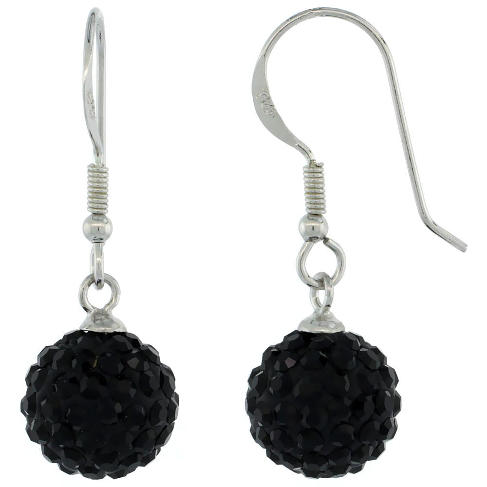 Sterling Silver 10mm Round Black Disco Crystal Ball Fish Hook Earrings for Women 1 1/8 in. 28 mm tall