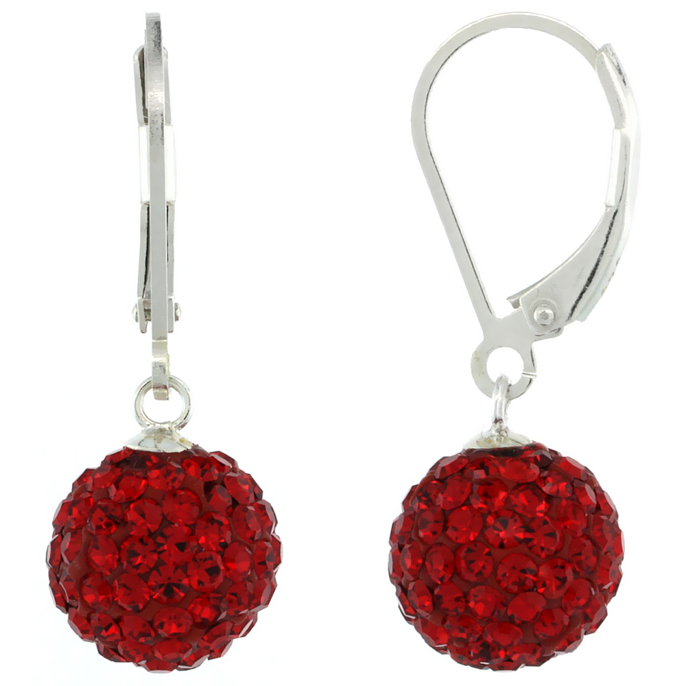Sterling Silver 10mm Round Red Disco Crystal Ball Lever Back Earrings for Women July Birthstone 1 1/8 in. 28 mm tall