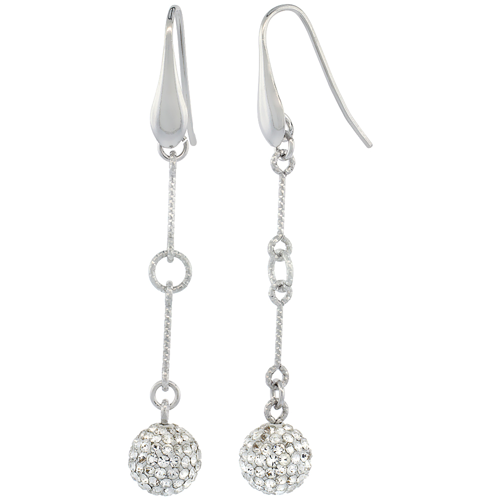 Sterling Silver austrian crystal Ball Earrings Dangling Diamond Cut Tubing 59mm 2 5/16 inch long Balls 10mm 3/8 inch in diameter