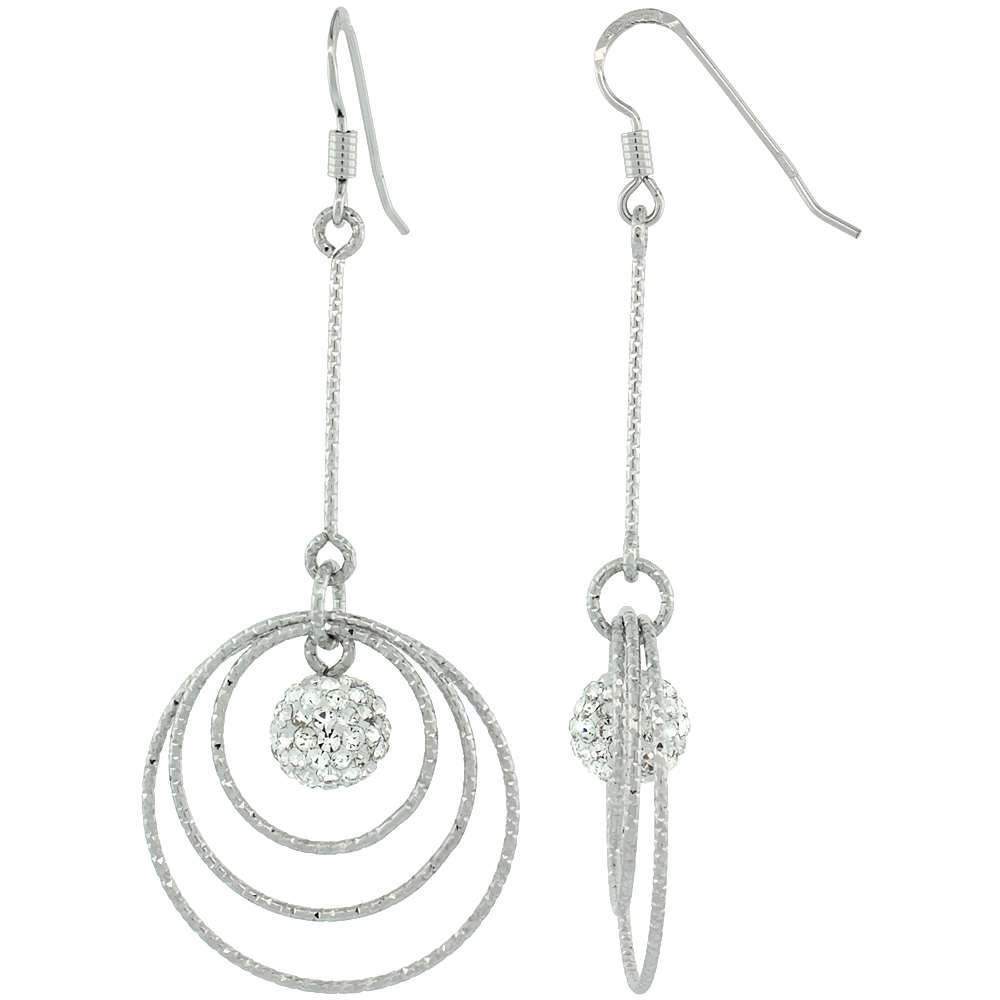 Sterling Silver Dangling Circles Earrings 63mm 2 1/2 inch long Diamond Cut Tubing austrian crystal Ball Center 8mm 1/4 inch diameter