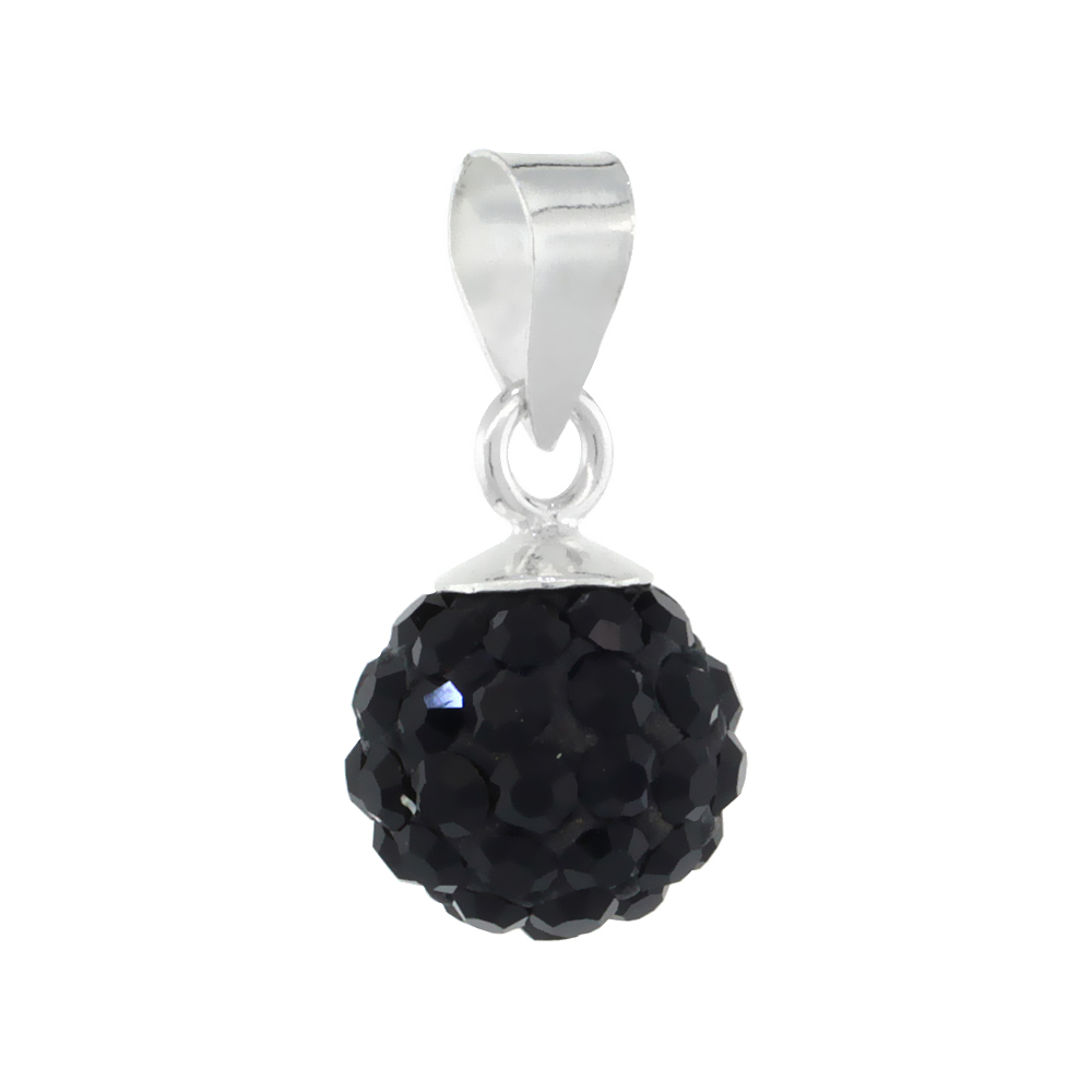 Small 8mm Sterling Silver Black Crystal Disco Ball Pendant Necklace for Women