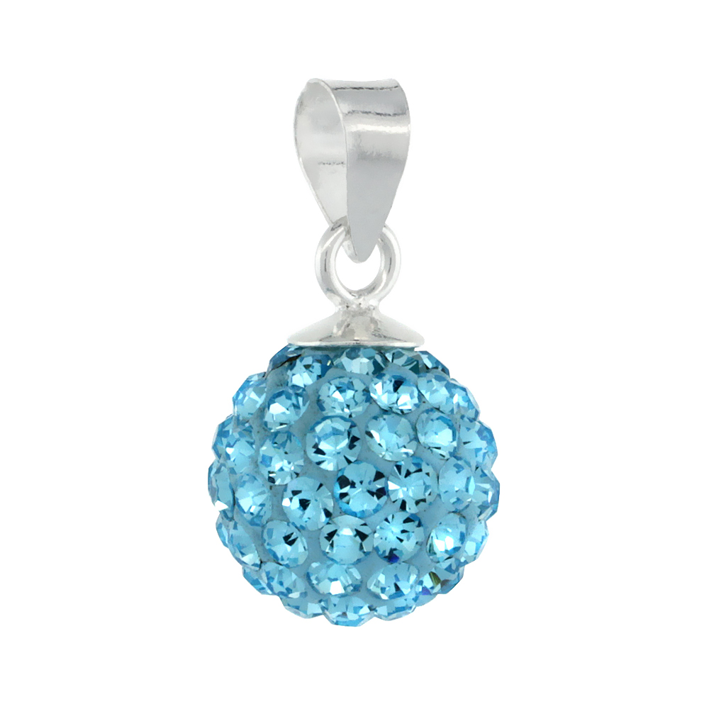 Medium 10mm Sterling Silver March Birthstone Aquamarine Aqua Crystal Disco Ball Pendant Necklace for Women