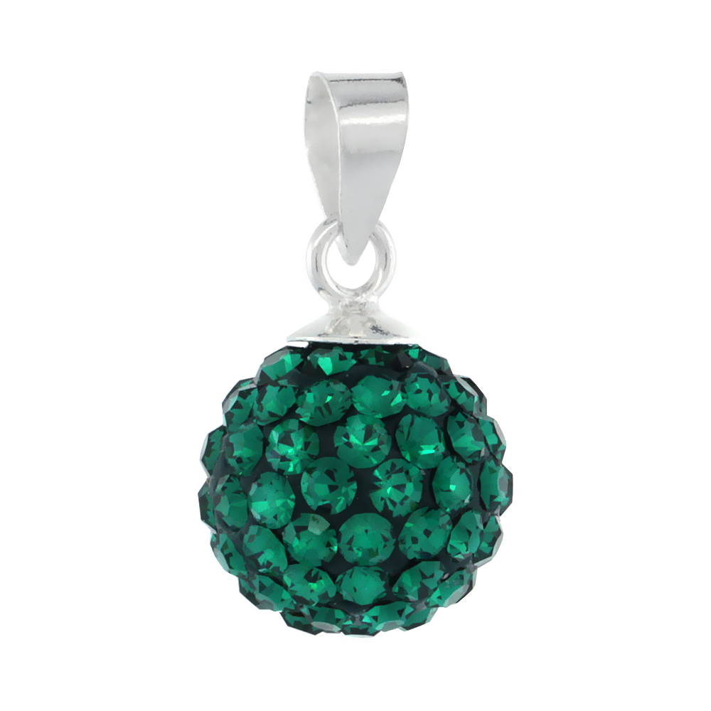 Medium 10mm Sterling Silver May Birthstone Emerald Green Crystal Disco Ball Pendant Necklace for Women
