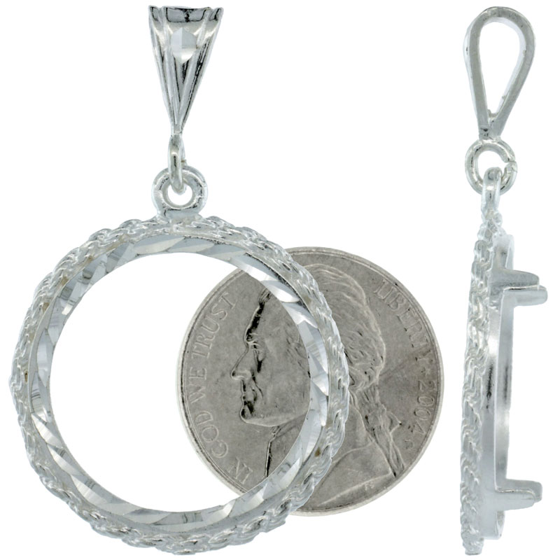 Sterling Silver Nickel Bezel 21 mm Coins Prong Back Rope Edge Diamond Cut 5 Cent Coin NOT Included