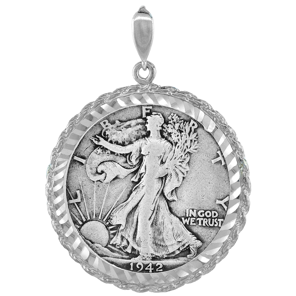 Sterling Silver Half Dollar Rope Bezel 30 mm Coins Prong Back Diamond Cut for all 50 Cent Coin NOT Included