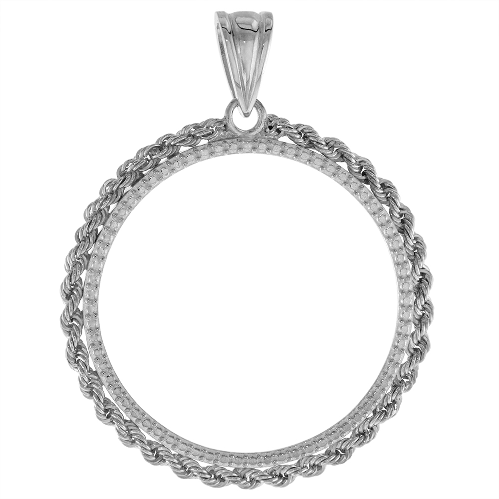 Sterling Silver Illusion Diamond Rope Edge Half Dollar Bezel 30mm Coins Prong Back 50 cent Coin Not Included