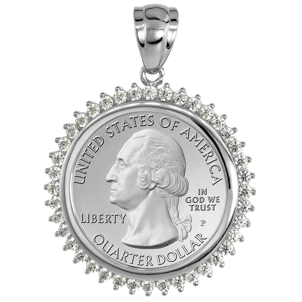 Sterling Silver Cubic Zirconia Quarter Dollar Bezel CZ Halo 24 mm Coins Prong Back 25 Cent Coin NOT Included