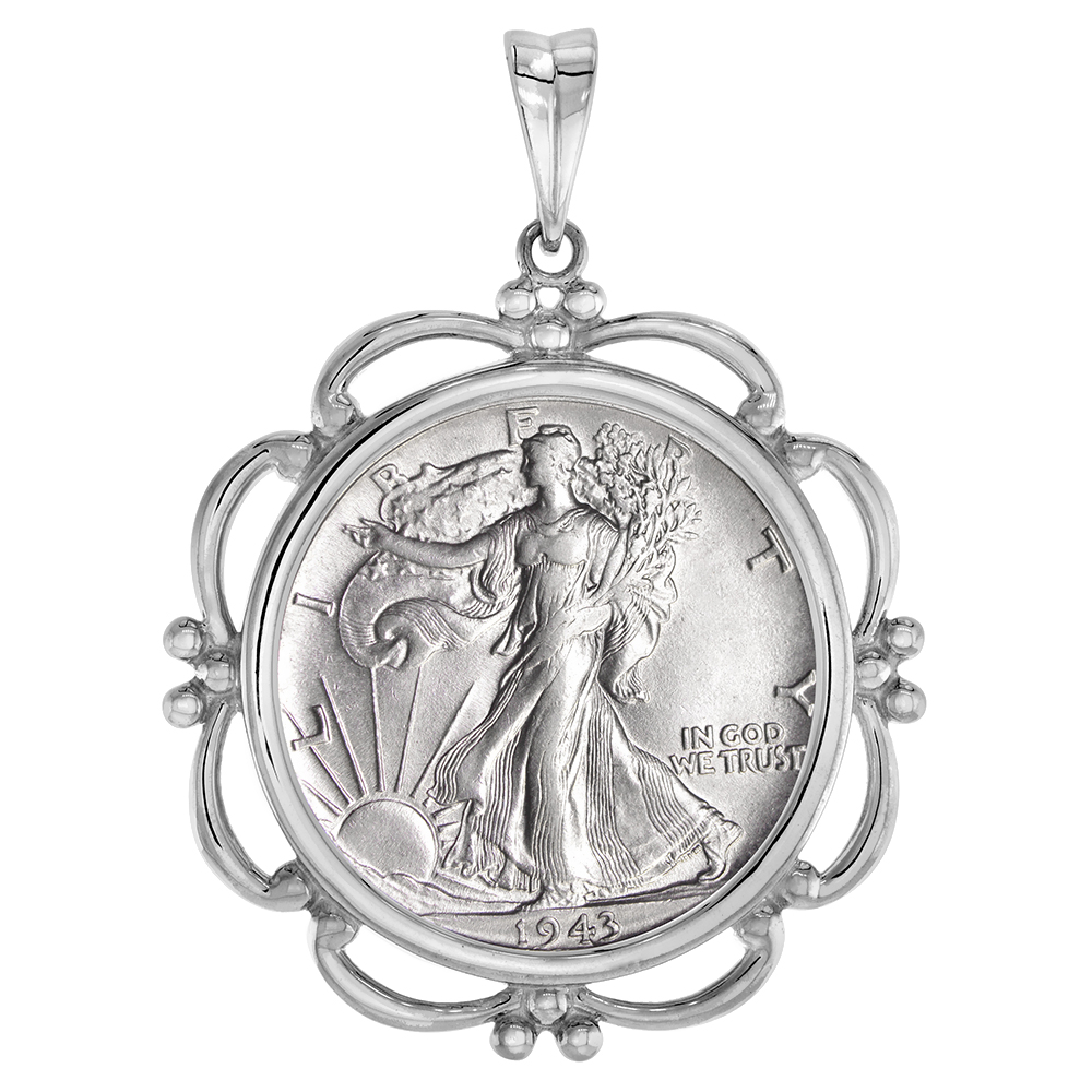 Sterling Silver Scalloped Half Dollar Bezel Pendant for 30 mm Coins Prong Back 50 Cent Coin NOT Included