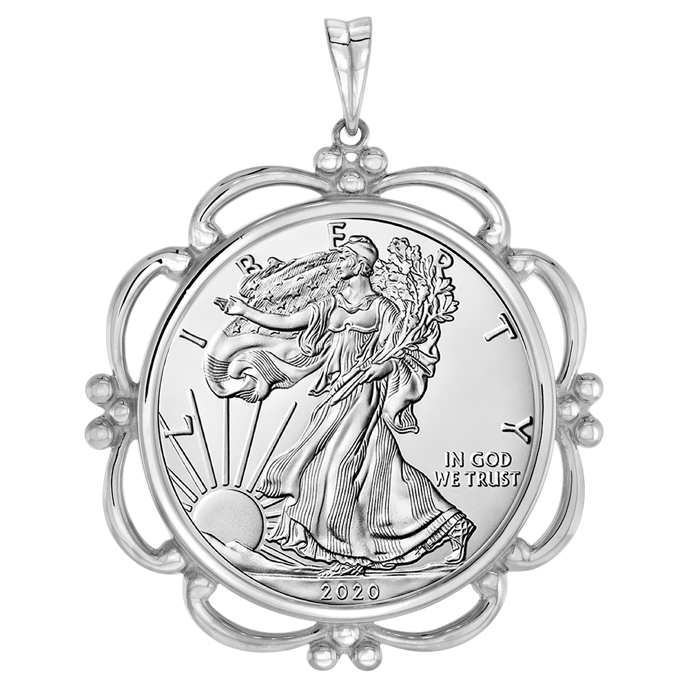 Sterling Silver Scalloped Silver Scalloped Eagle Bezel Pendant for 41 mm Coins Prong Back 1 oz Coin NOT Included